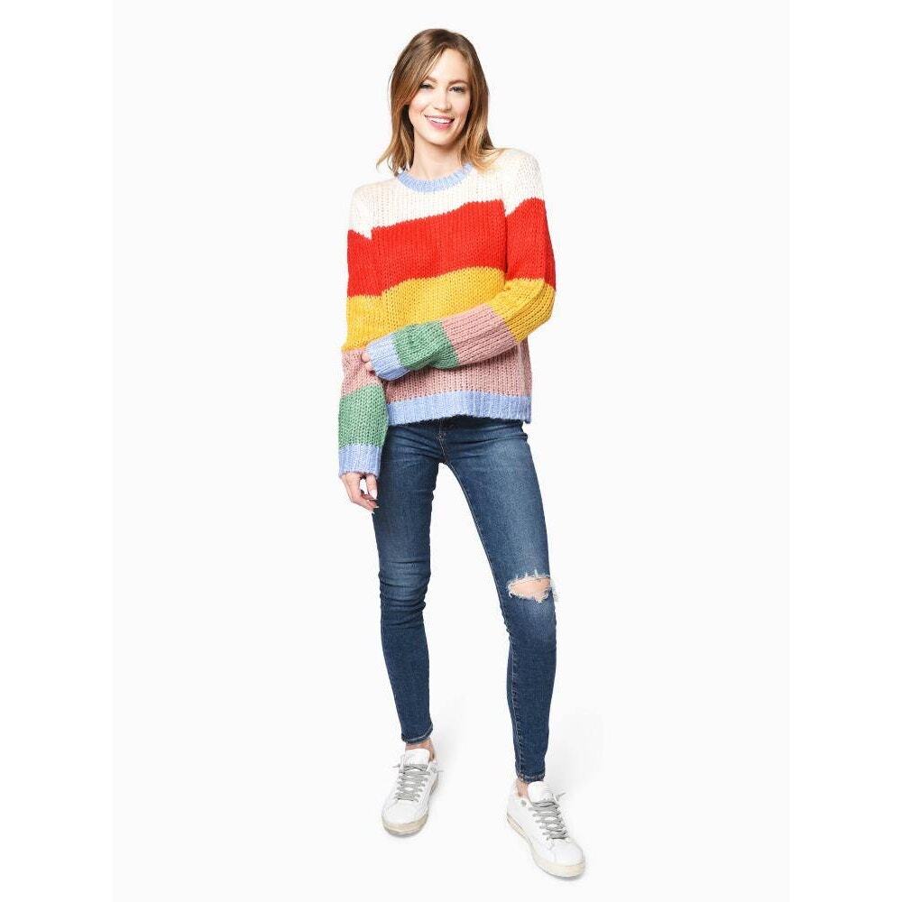 English Factory Women's Knit Sweater Multicolor Rainbow Stripes Cozy NWT XS